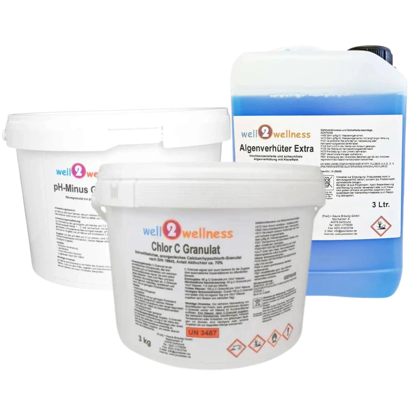 well2wellness® Wasserpflege-Starterset mit Chlor C Granulat, Algizid und pH-Minus