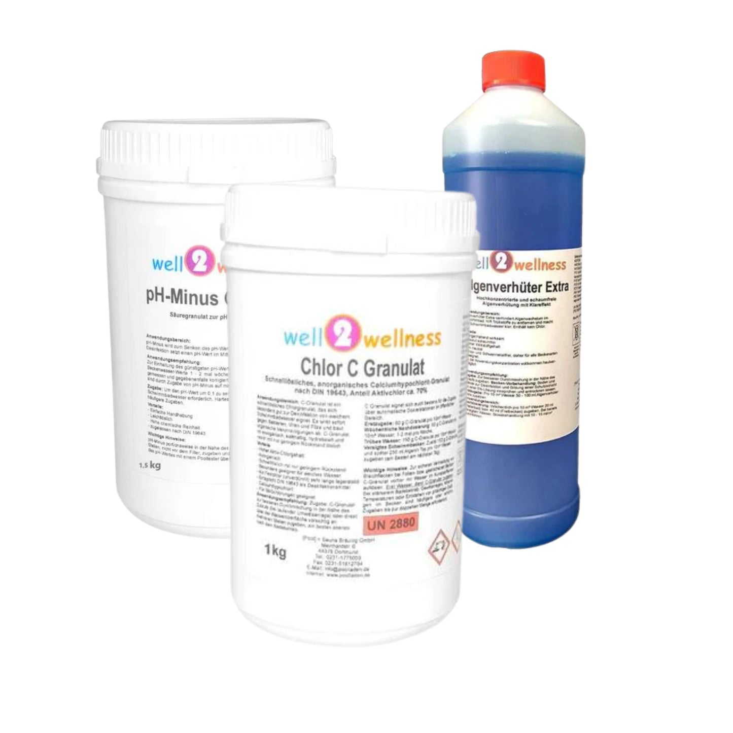 well2wellness® Wasserpflege-Starterset mit Chlor C Granulat, Algizid und pH-Minus
