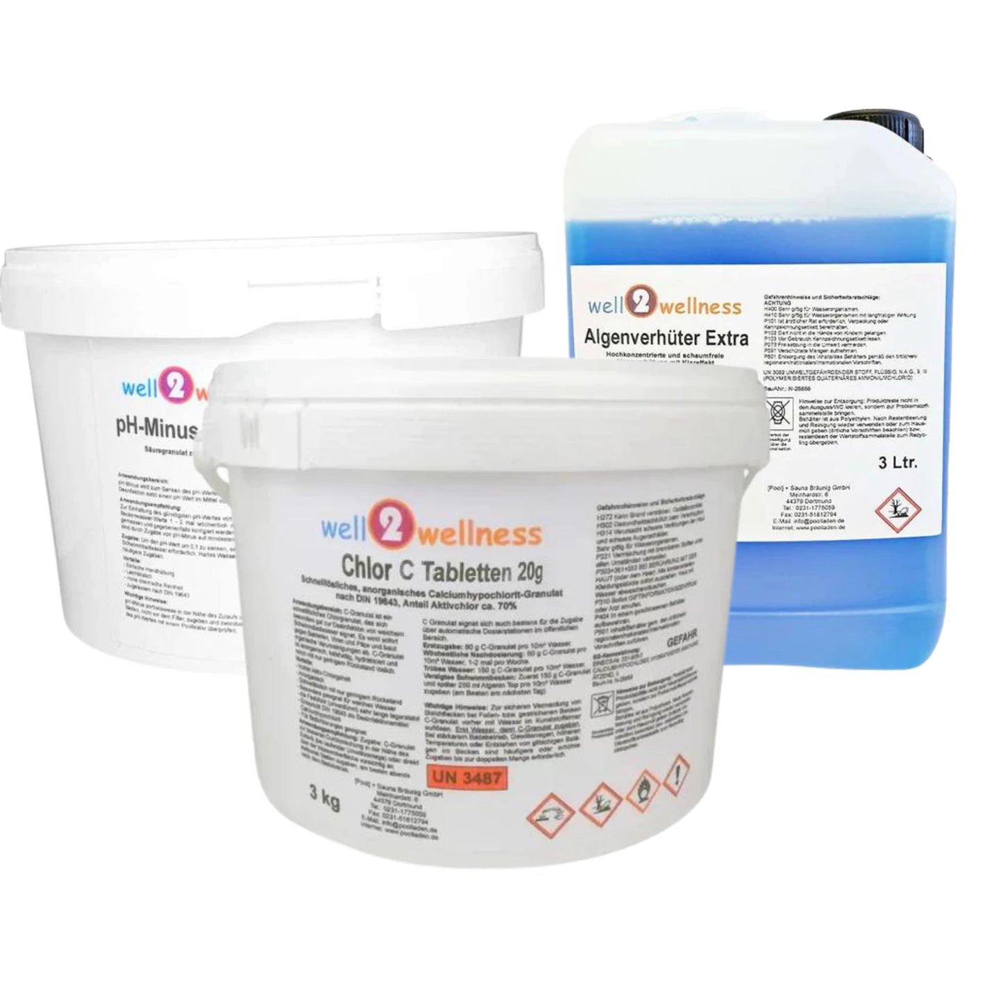 well2wellness® Wasserpflege-Starterset mit Chlor C Tabs 20g, Algizid und pH-Minus