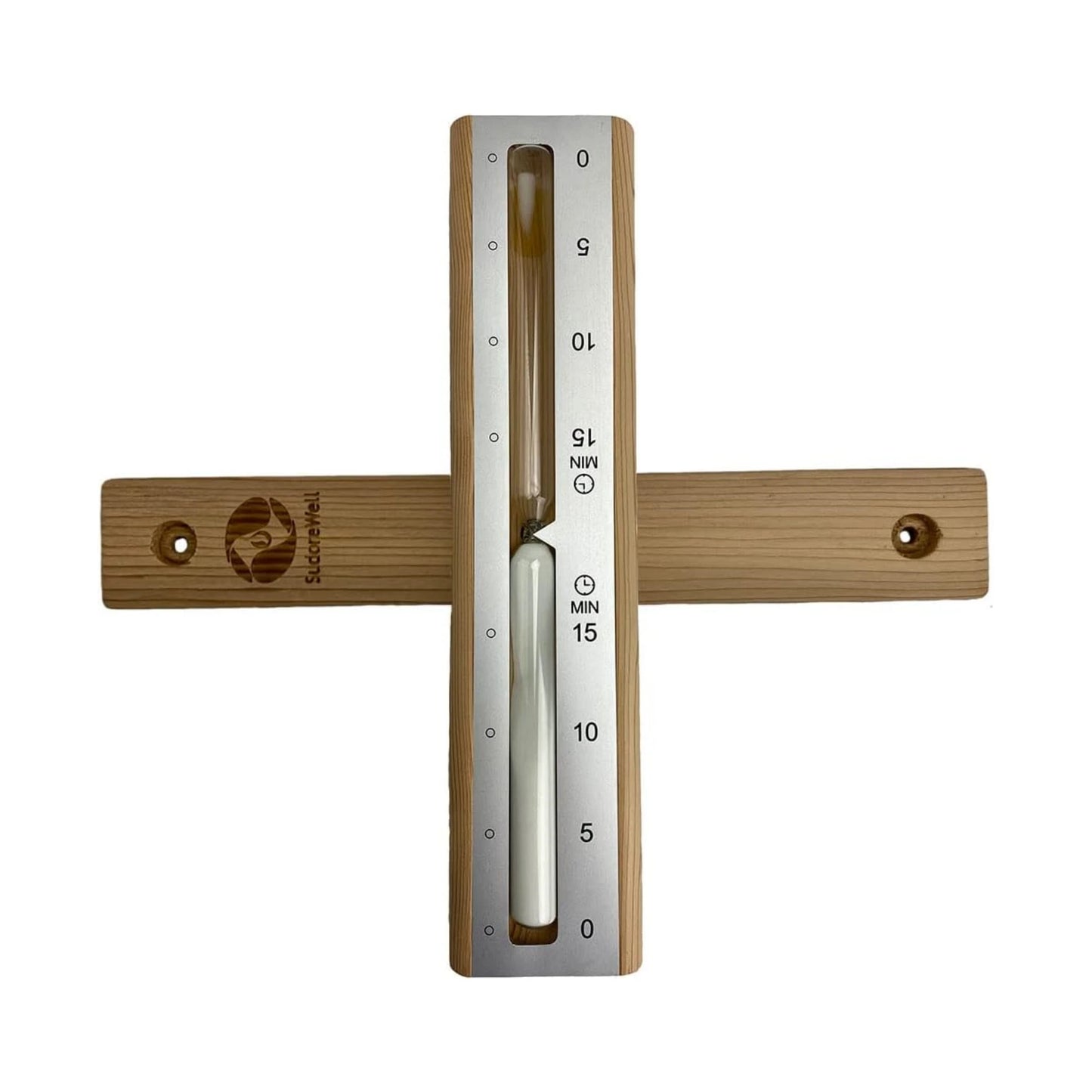 SudoreWell® Sauna Sanduhr Exklusiv Alu Silver 15 Minuten aus Kiefernholz mit Alu Frontdesign und weißem Sand