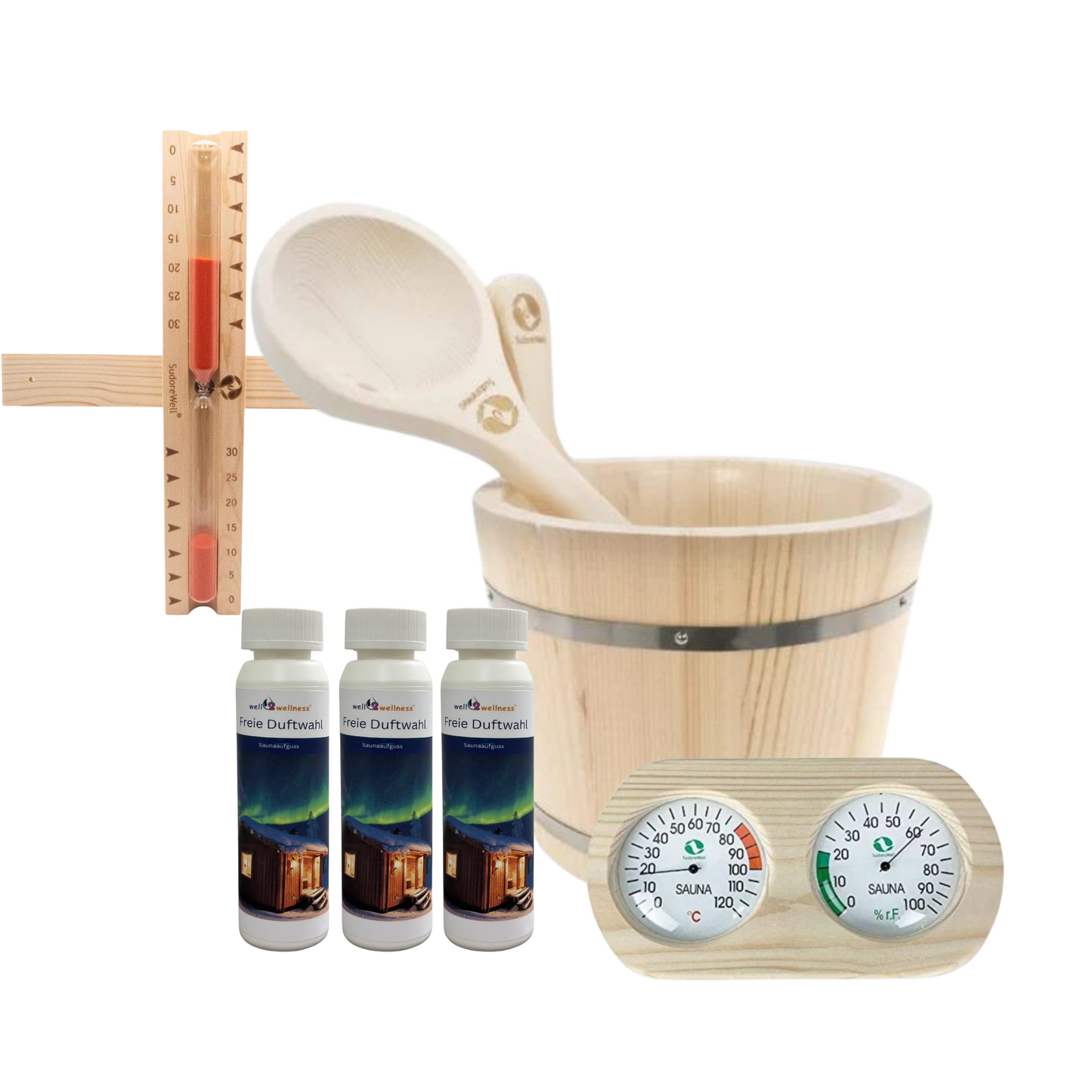 Sauna Starter-Set aus Kiefernholz inklusive 3 x Saunaaufguss freie Duftwahl