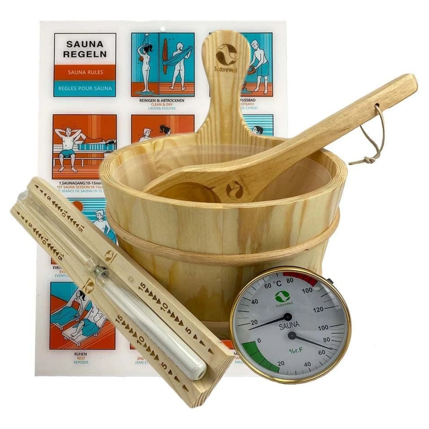 Klassisches Sauna Zubehör Set Premium 4.0/6-teiliges Sauna-Set aus naturbelassenem Kiefernholz