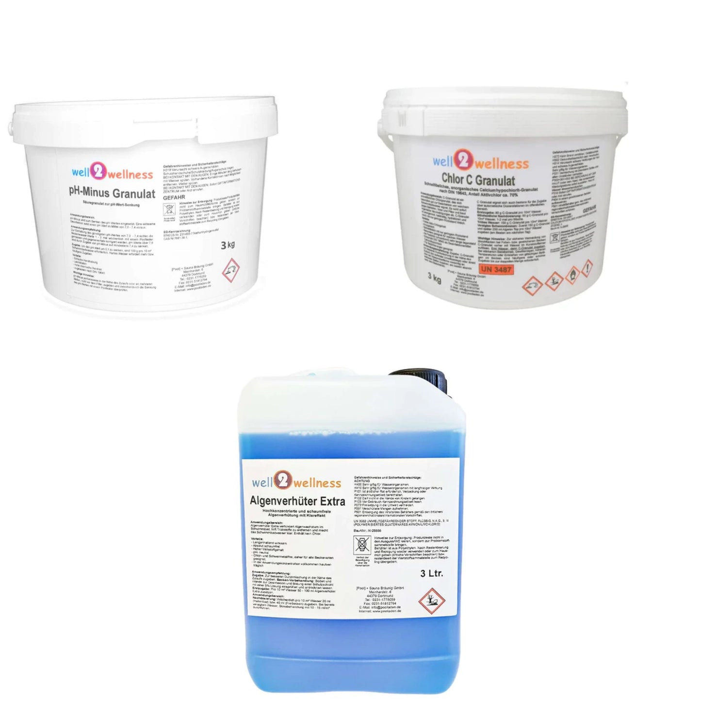 well2wellness® Wasserpflege-Starterset mit Chlor C Granulat, Algizid und pH-Minus