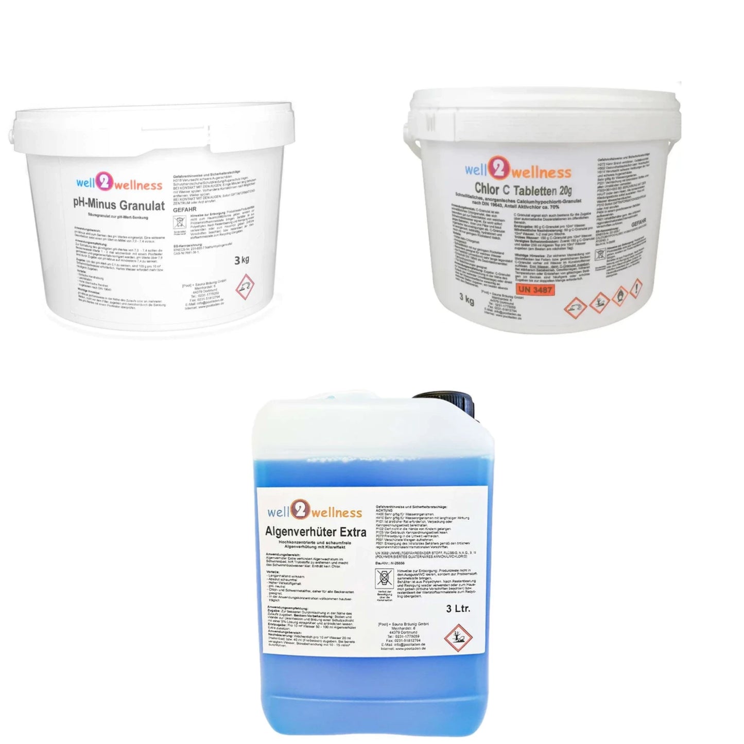 well2wellness® Wasserpflege-Starterset mit Chlor C Tabs 20g, Algizid und pH-Minus