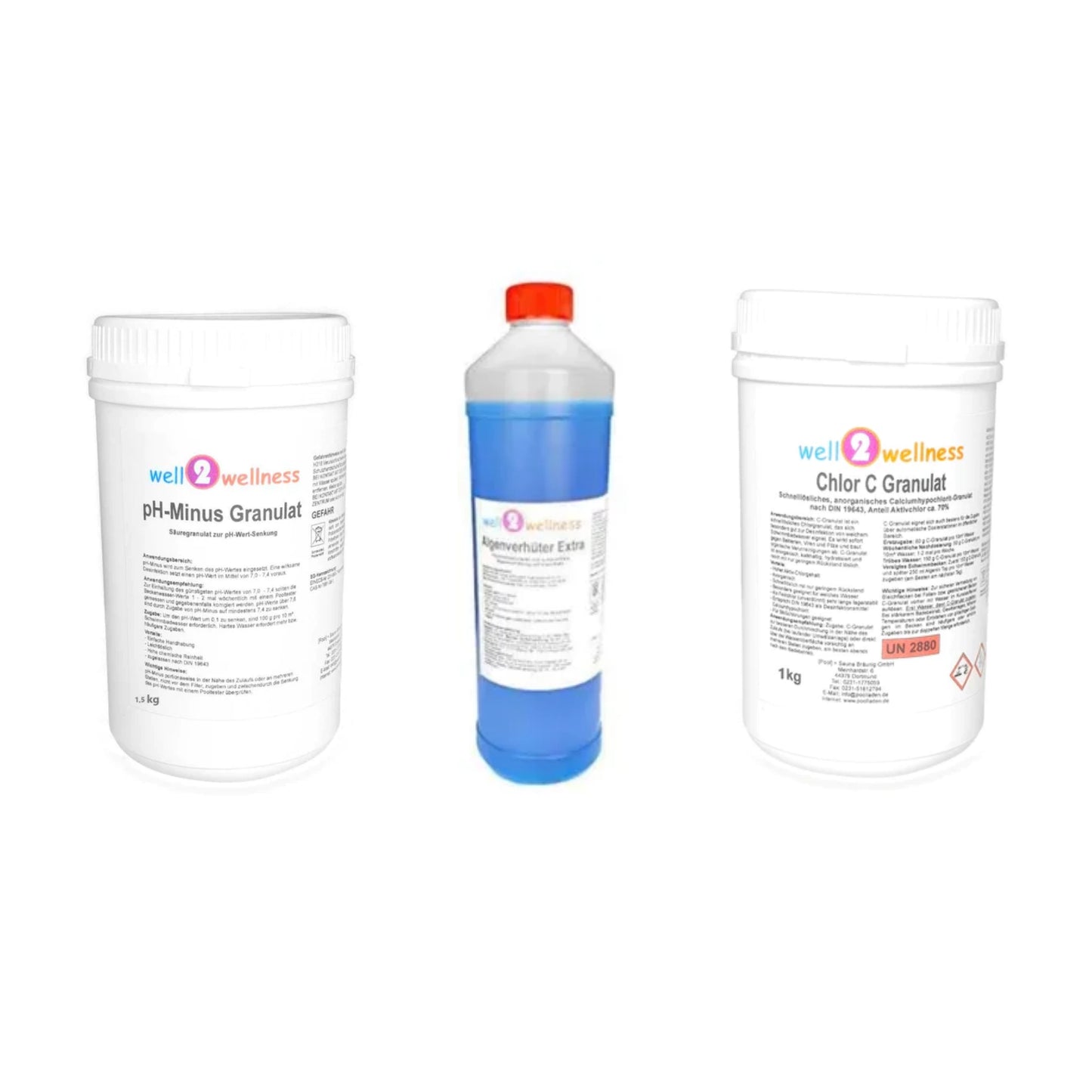 well2wellness® Wasserpflege-Starterset mit Chlor C Granulat, Algizid und pH-Minus