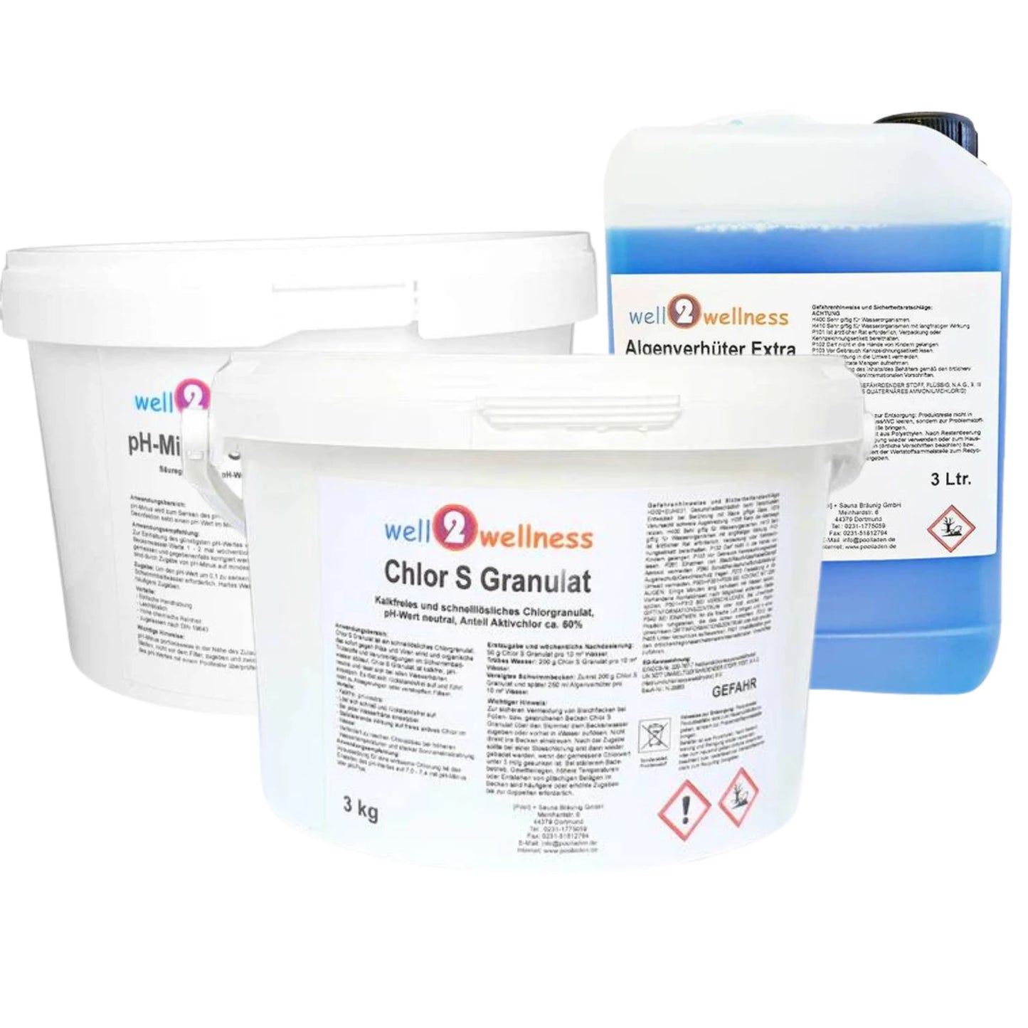 well2wellness® Pool Starterset Wasserpflege dreiteilig No.2 | Chlor S Granulat 3Kg, Algenverhüter 3L & Ph - Granulat 3Kg