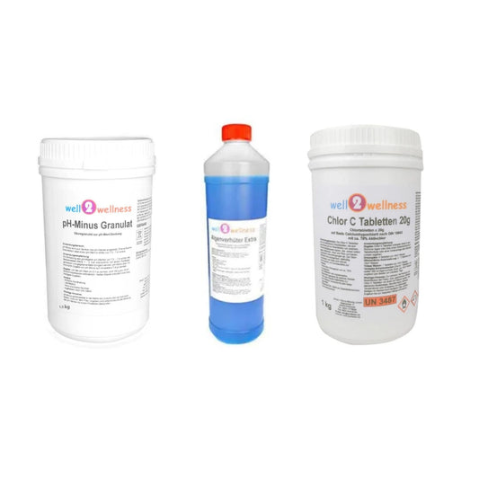 well2wellness® Wasserpflege-Starterset mit Chlor C Tabs 20g, Algizid und pH-Minus