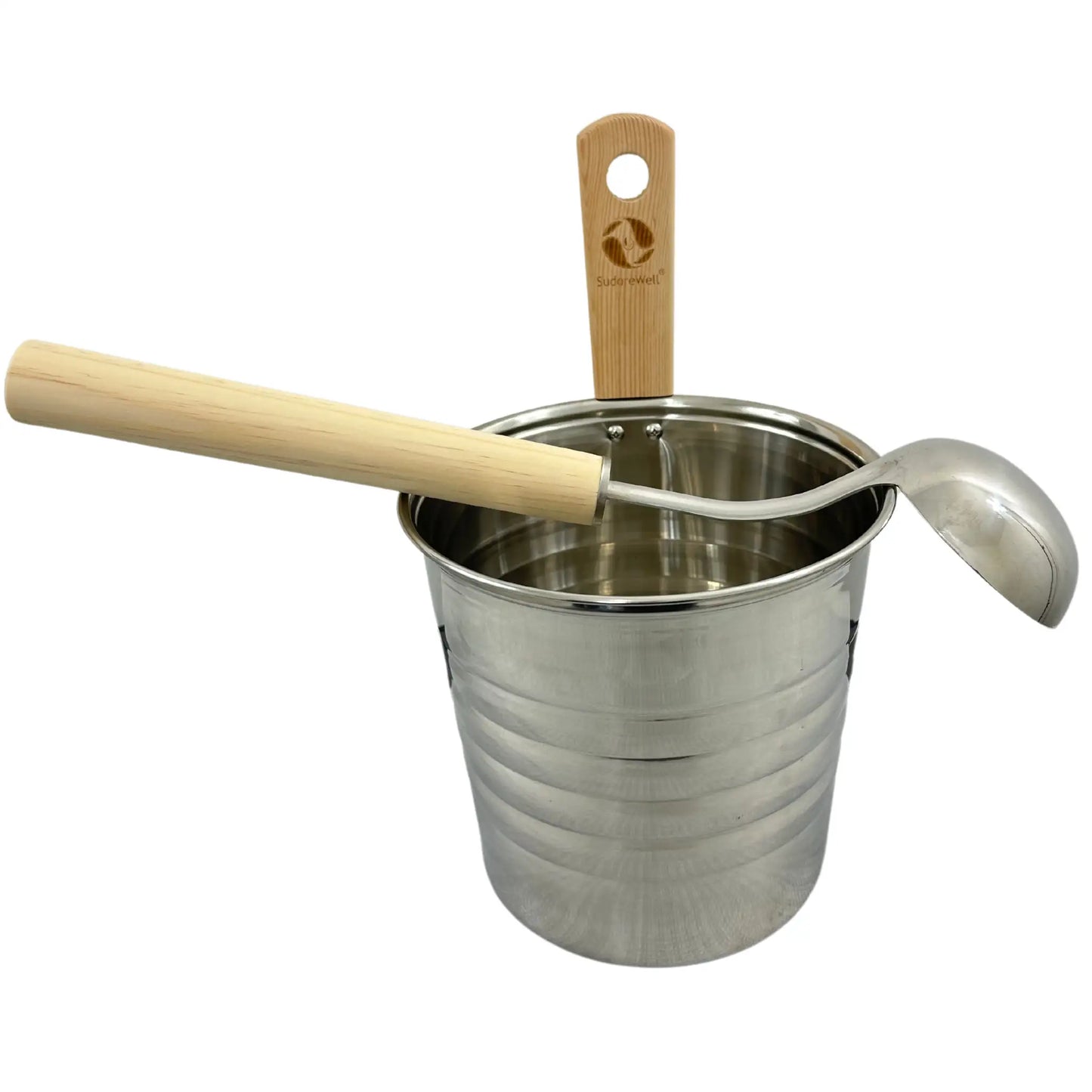 SudoreWell® Edelstahl Saunakübel mit Griffdaube plus Saunakelle 35cm aus Holz