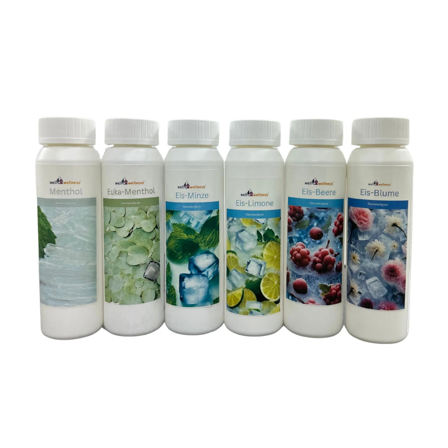 well2wellness® Saunaaufguss Set 6 x 125 ml "Eis" + 10g Mentholkristalle