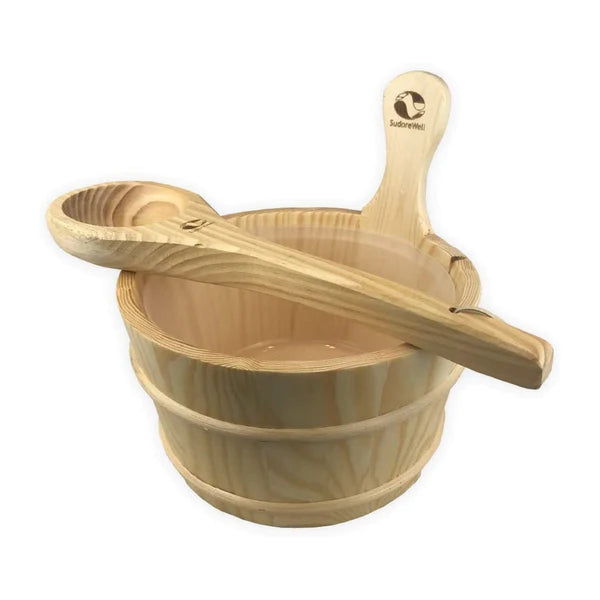 Klassisches Sauna-Zubehörset 5-teilig aus Kiefernholz mit Verdampferschale und Mentholkristallen