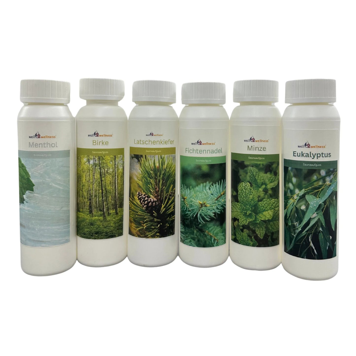 well2wellness® Saunaaufguss Set 6 x 125 ml "Die Klassiker" + 10g Mentholkristalle