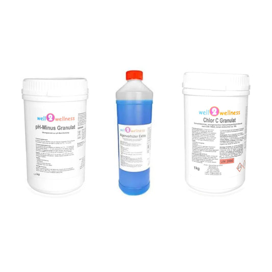 well2wellness® Wasserpflege-Starterset mit Chlor C Granulat, Algizid und pH-Minus