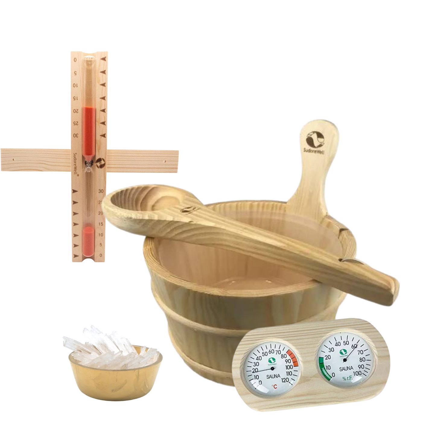 Klassisches Sauna-Zubehörset 5-teilig aus Kiefernholz mit Verdampferschale und Mentholkristallen