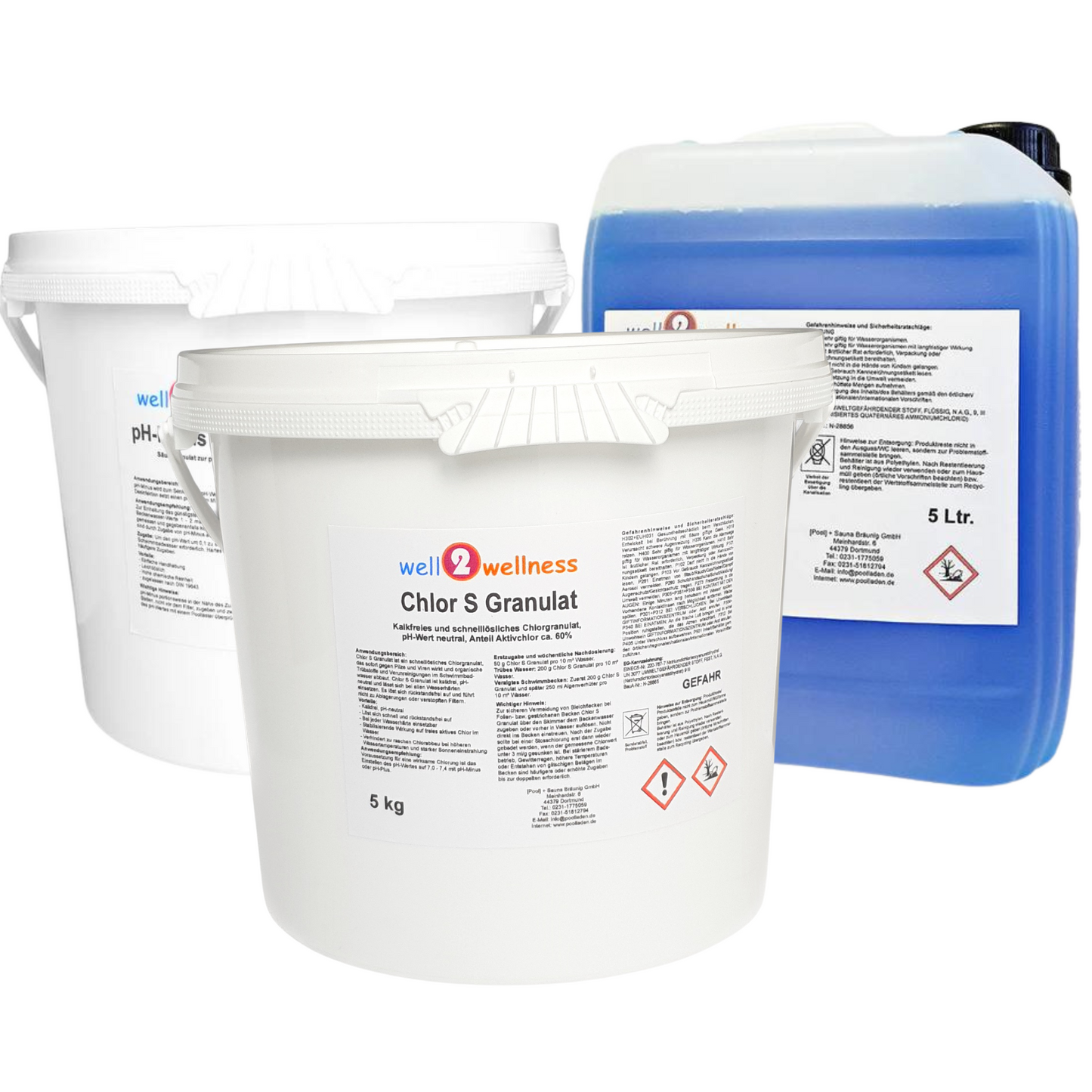 well2wellness® Pool Starterset Wasserpflege dreiteilig No.5 mit Chlor S Granulat (5KG/5L)