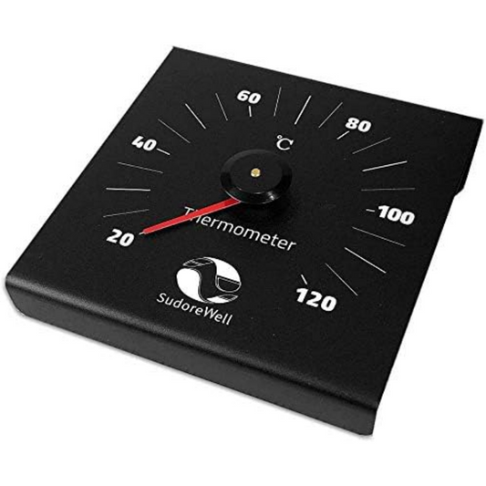 SudoreWell® Sauna Thermometer black aus schwarzem Aluminium 120 x 120mm mit rotem Zeiger