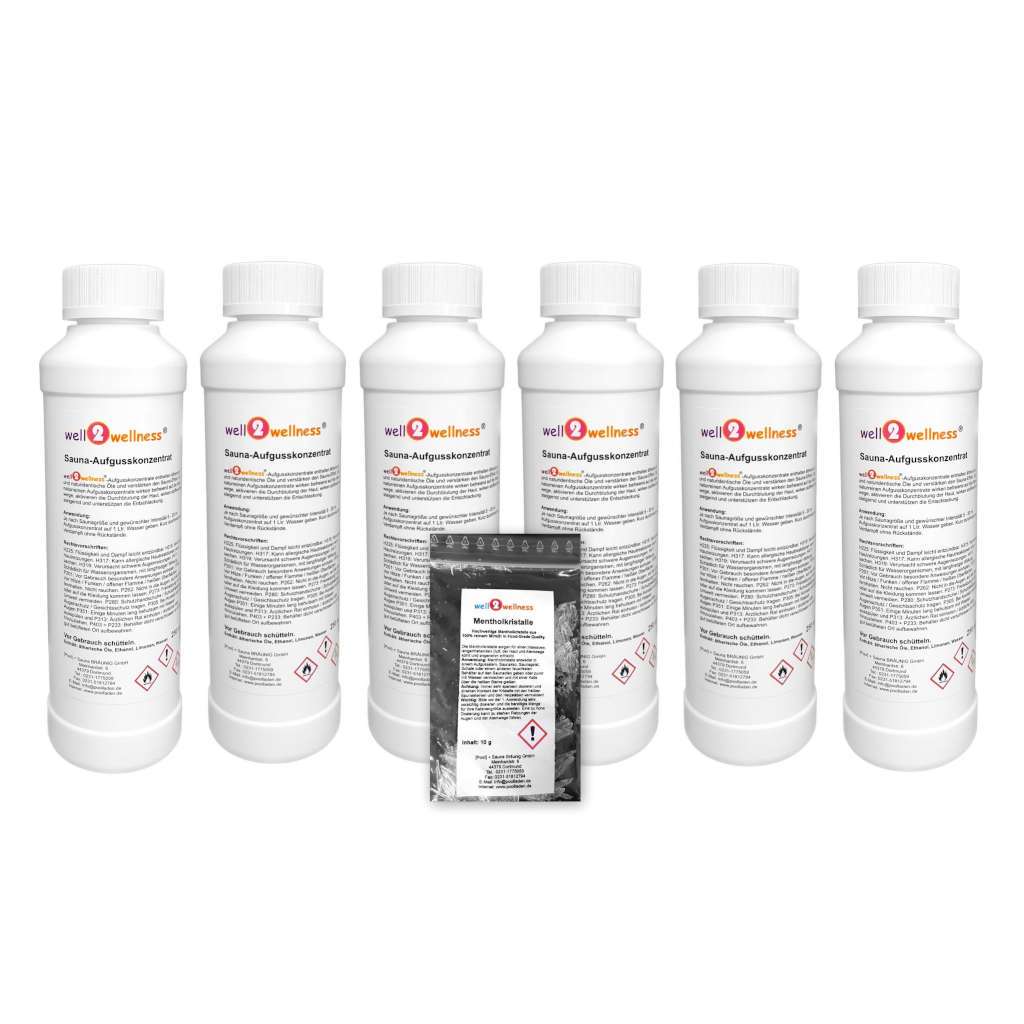 Saunaaufguss Set 6 x 250 ml - freie Duftwahl + 10g Mentholkristalle