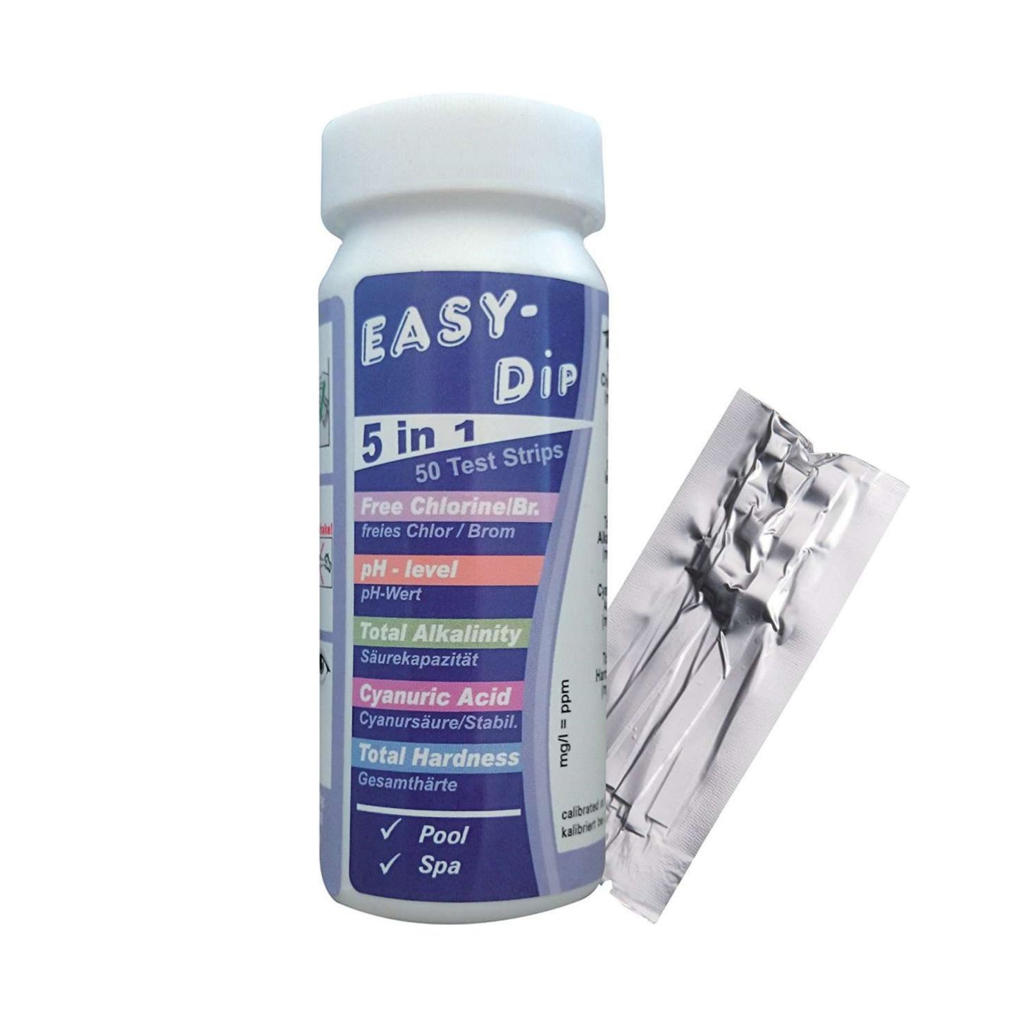 Easy-Dip Teststreifen 5in1 für Chlor, pH, Alkalinität, Cyanursäure und Härte - 50 Stück