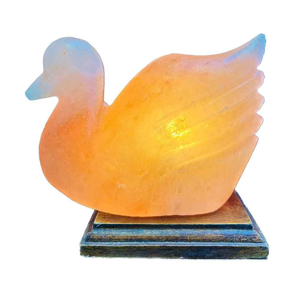 Salzkristall Lampe ''Ente'' auf Holzsockel