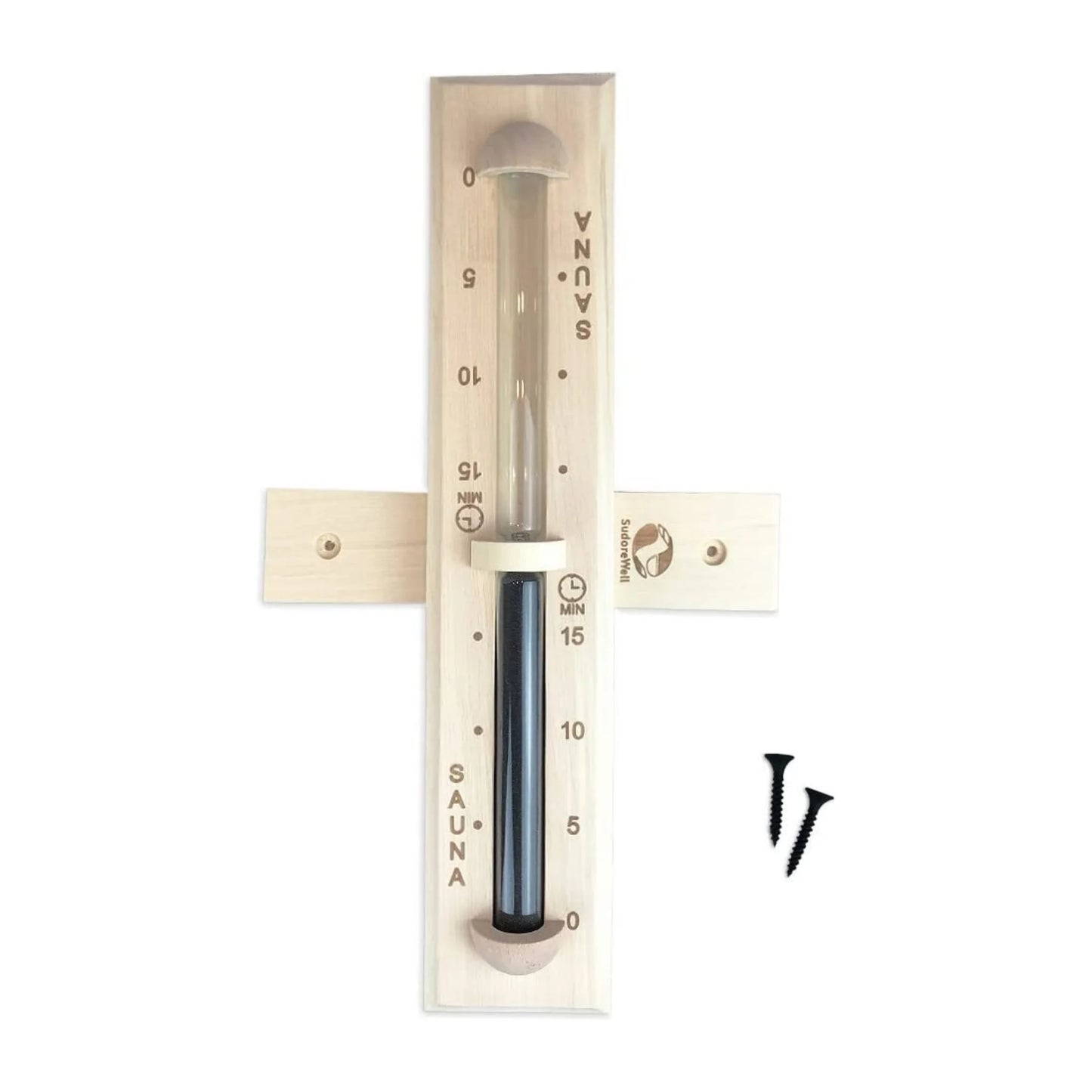 Sauna Sanduhr Premium 15 Minuten aus Kiefernholz mit Bügel und schwarzem Sand