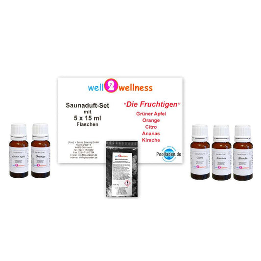 Saunaaufguss Set Fruchtig - 5 x 15 ml + 10g Mentholkristalle