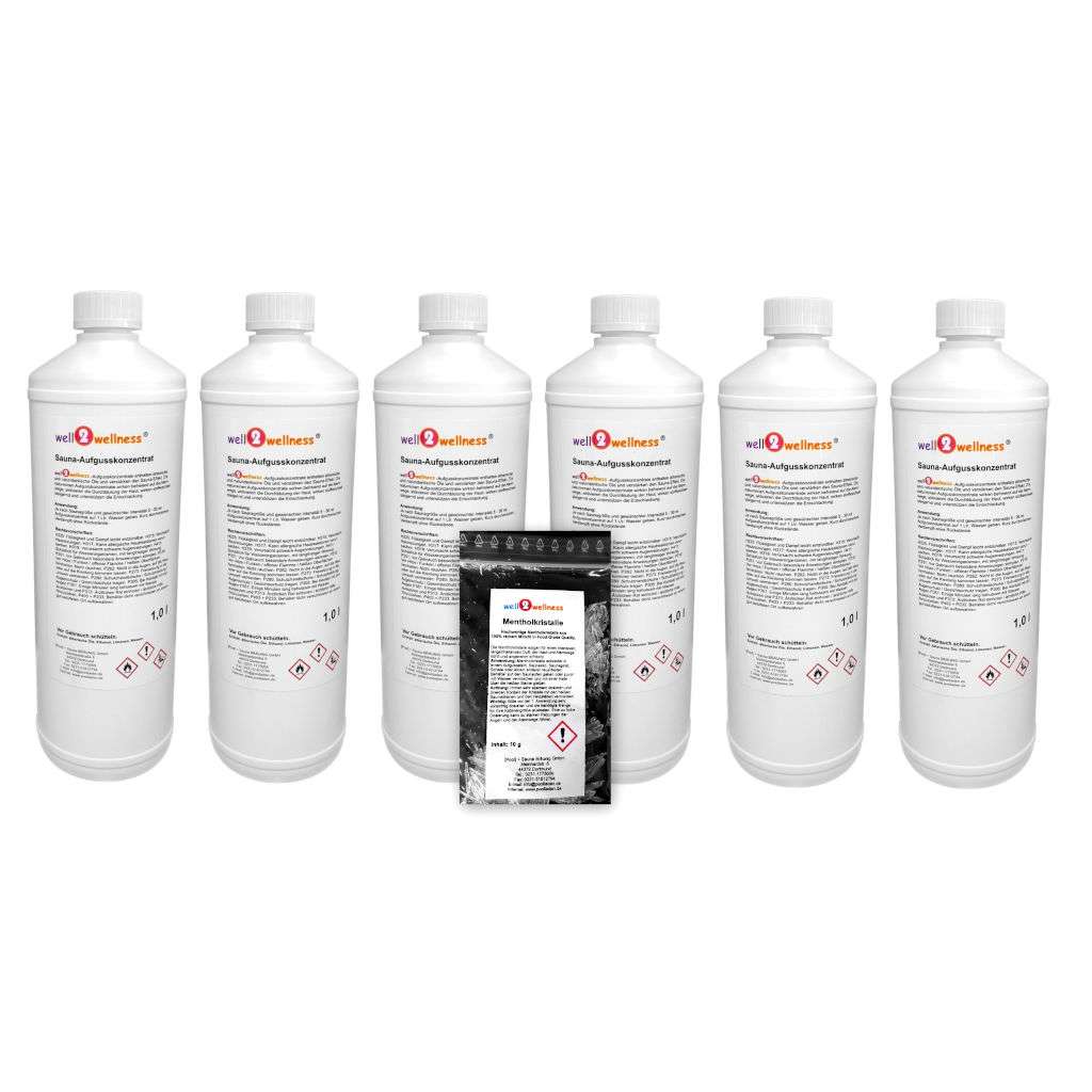 Saunaaufguss Set 6 x 1000 ml - freie Duftwahl + 10g Mentholkristalle