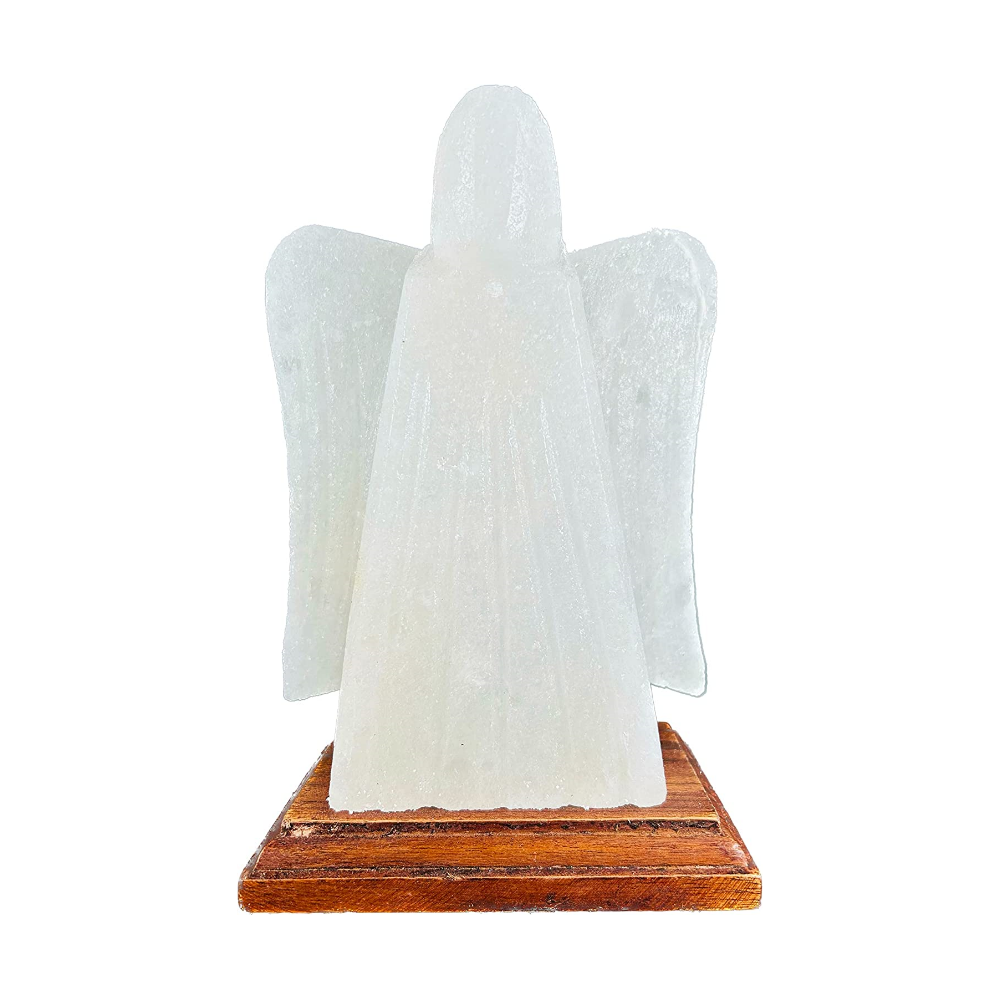 Salzkristall Lampe "Engel Weiß" auf Holzsockel