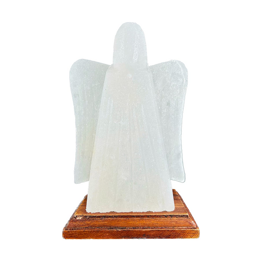 Salzkristall Lampe "Engel Weiß" auf Holzsockel