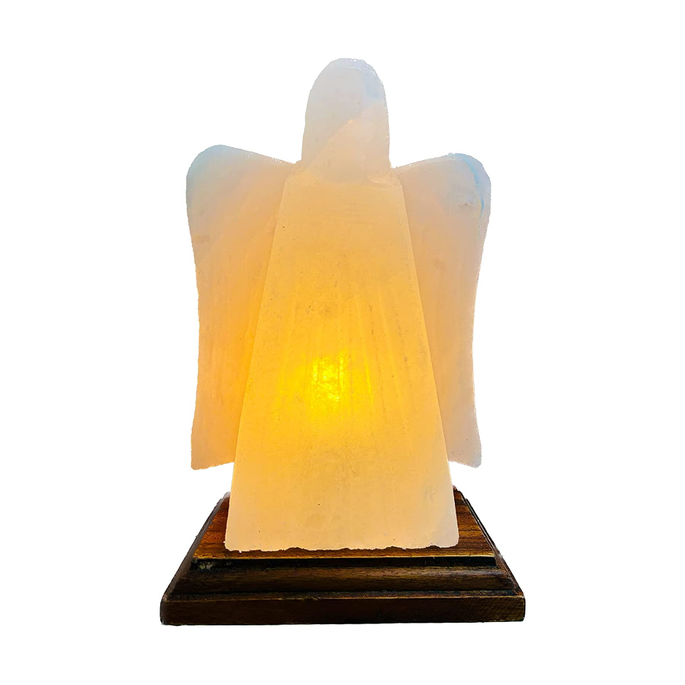 Salzkristall Lampe "Engel Weiß" auf Holzsockel