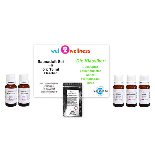 Saunaaufguss Set Klassiker - 5 x 15 ml + 10g Mentholkristalle