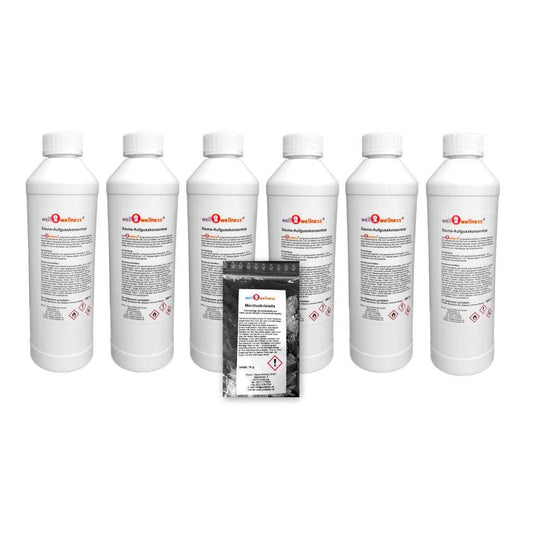 Saunaaufguss Set 6 x 500 ml - freie Duftwahl + 10g Mentholkristalle